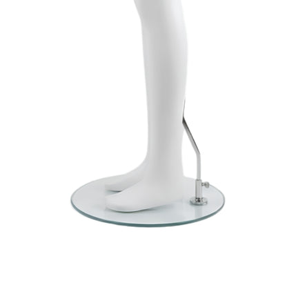 White mannequin lower legs and feet standing on a round clear glass display base with a silver metal support arm, shown on a white background.