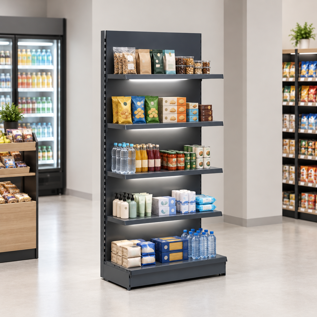 New lifestyle image of the dark grey LED-lit wall shelving in a modern convenience store