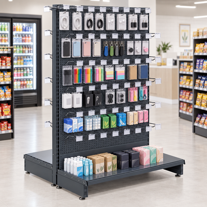 New lifestyle image of the dark grey modular gondola unit in a modern convenience store