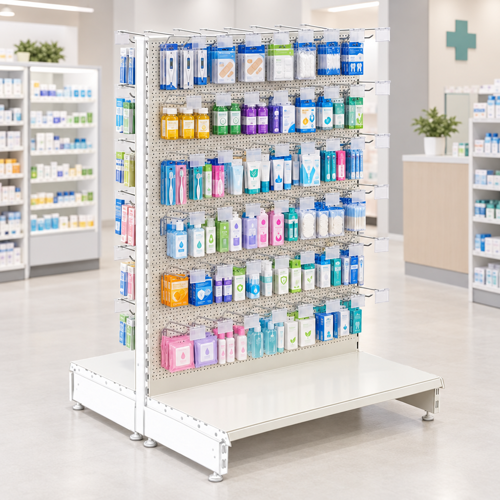 New lifestyle image of the Jura White modular gondola unit in a modern pharmacy or health store