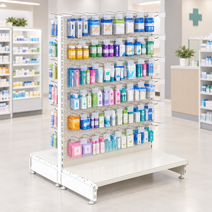 New lifestyle image of the Jura White modular gondola unit in a modern pharmacy or health store