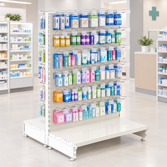 New lifestyle image of the Jura White modular gondola unit in a modern pharmacy or health store