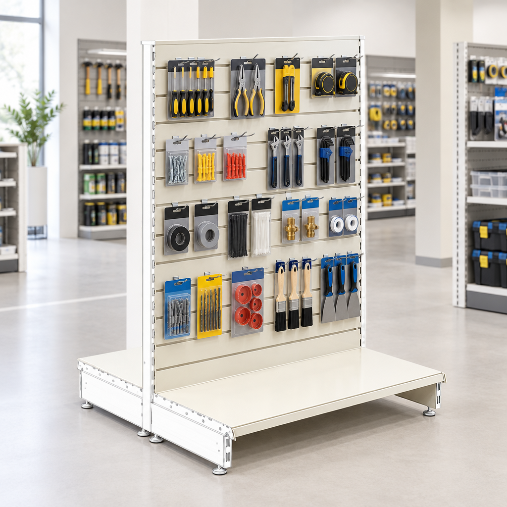 New lifestyle image of the Jura White slatwall gondola unit in a modern DIY or hardware store