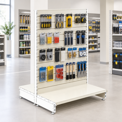 New lifestyle image of the Jura White slatwall gondola unit in a modern DIY or hardware store