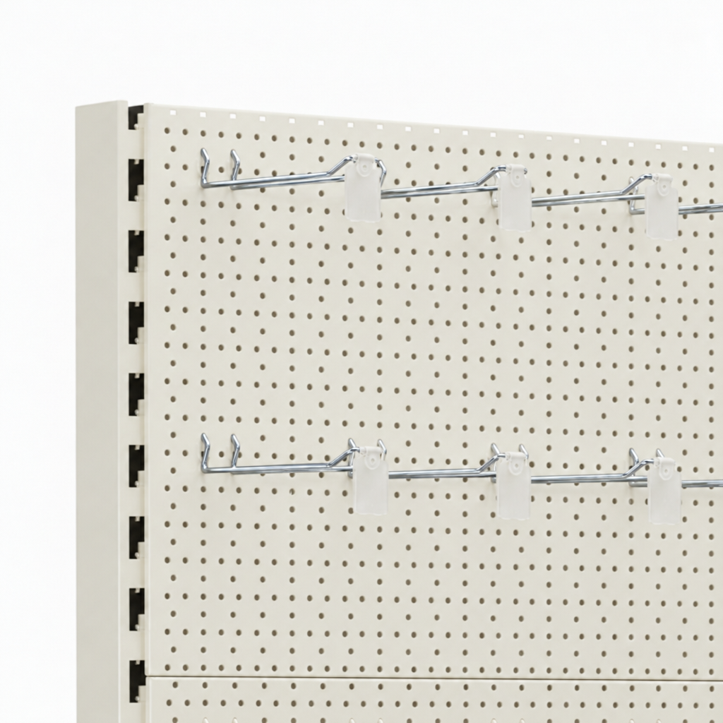 Pegboard close-up with silver hooks