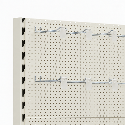 Pegboard close-up with silver hooks