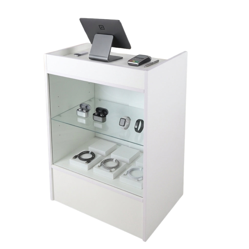 White Retail Till Counter With Glass Front Display - Silhouette Range