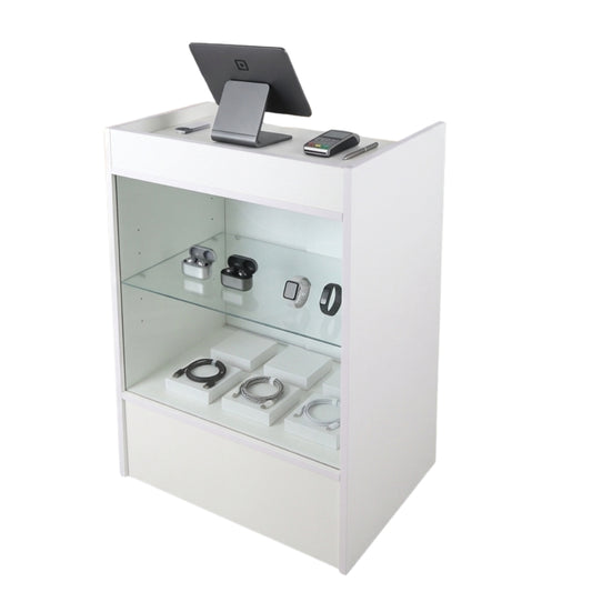 White Retail Till Counter With Glass Front Display - Silhouette Range