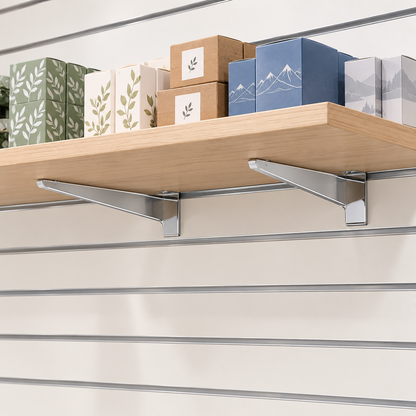 Proposed 250 mm brackets supporting a wooden retail shelf