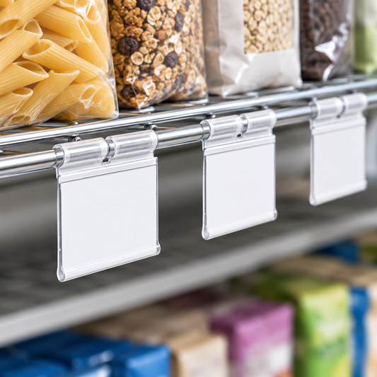 Proposed image of clear tag clips on retail wire shelving