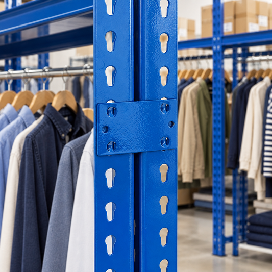 Proposed stockroom lifestyle image showing tie brackets joining garment racks