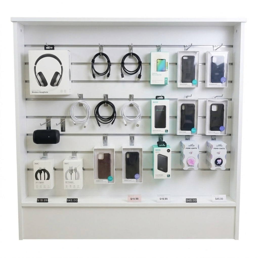 White Shop Counter with Slatwall Front & Aluminium Inserts - Silhouette Range