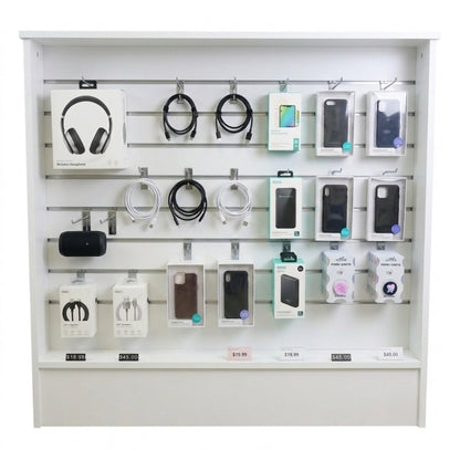 White Shop Counter with Slatwall Front & Aluminium Inserts - Silhouette Range