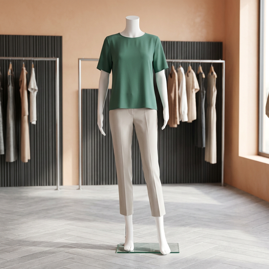 Pure 01 female matt-white mannequin in a peach-and-charcoal boutique