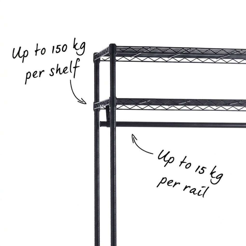 Black Wire Clothes Rack - H1800mm- 2 x Rail & 3 x Shelves