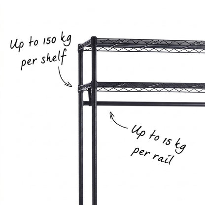 Black Wire Clothes Rack - H1800mm- 2 x Rail & 3 x Shelves