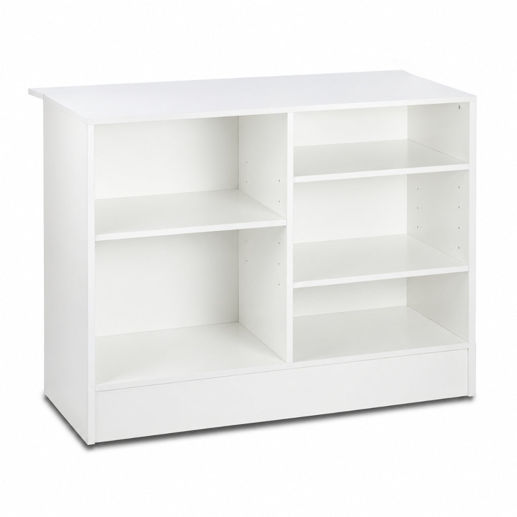2 x White Shop Counters and 1 x Corner Display Unit with Wooden Shelves Bundle
