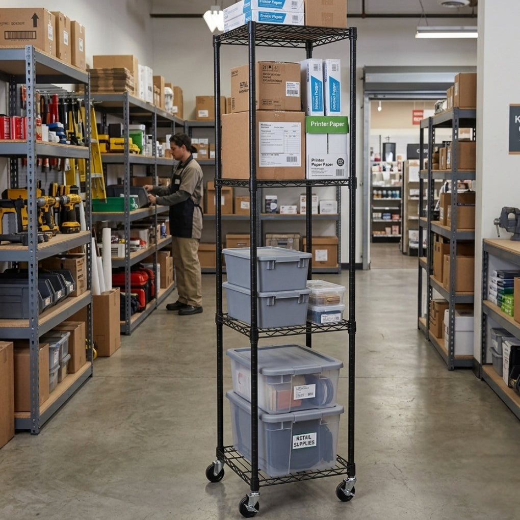 4 Tier Black Wire Shelving Unit with Wheels - H1875 x W450 x D450mm