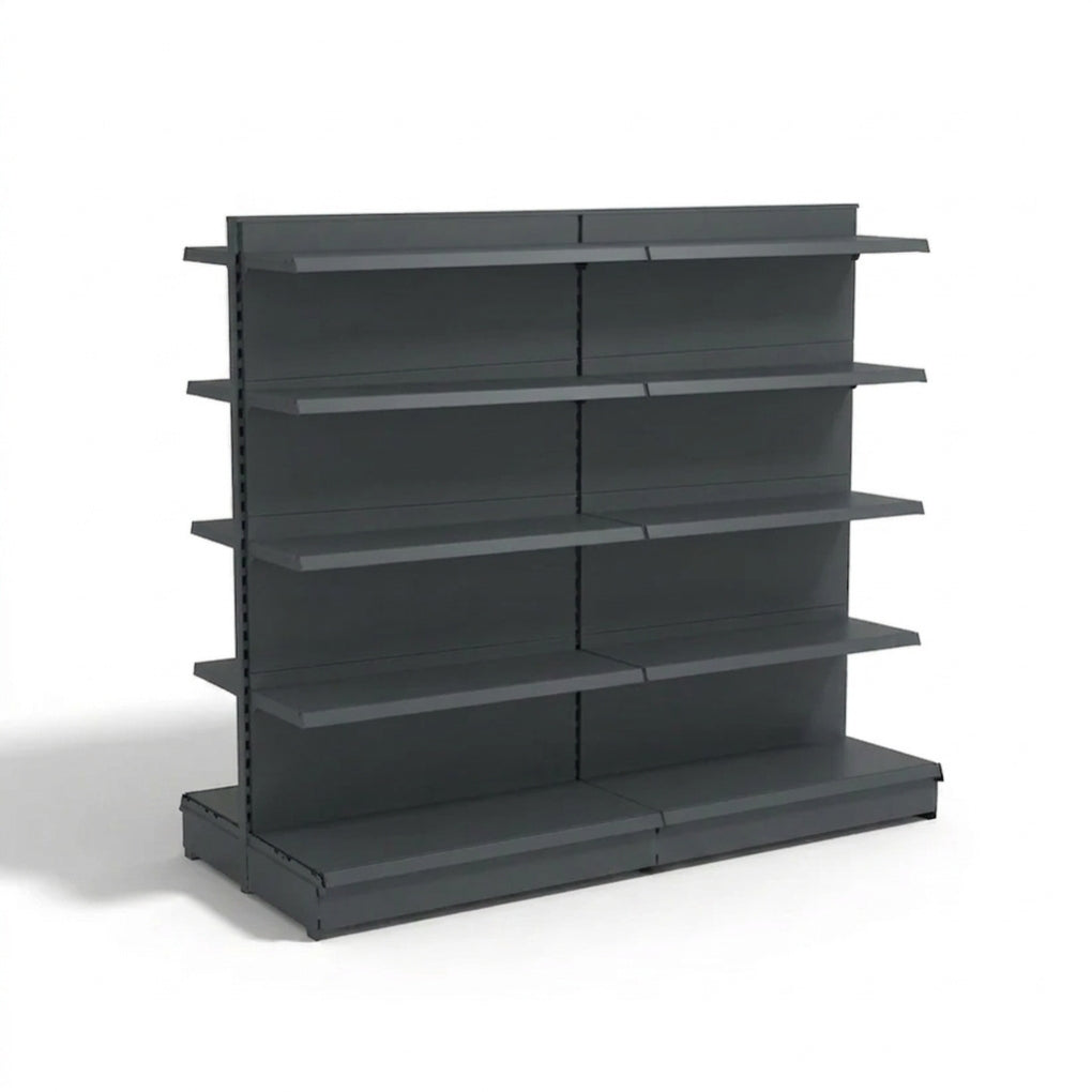 A dark gray metal retail shelving unit with six adjustable shelves and two vertical support columns, shown on a plain white background.