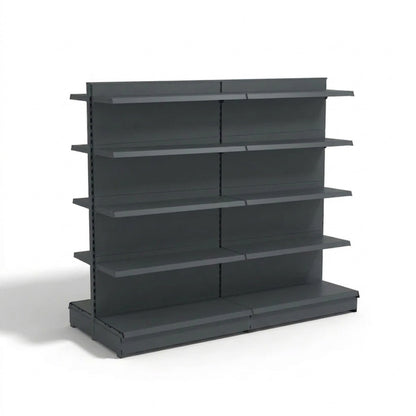 A dark gray metal retail shelving unit with six adjustable shelves and two vertical support columns, shown on a plain white background.