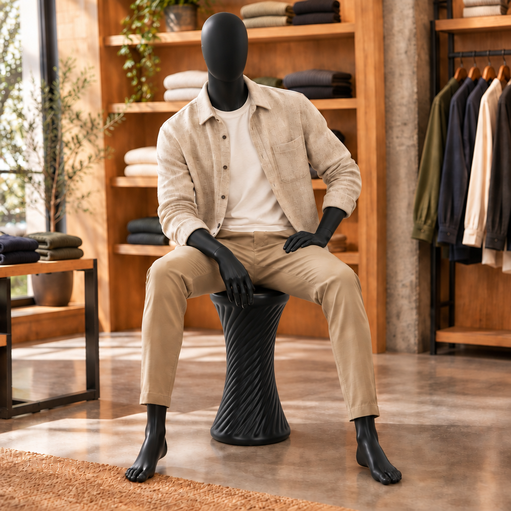 Retouched seated mannequin with an earless head