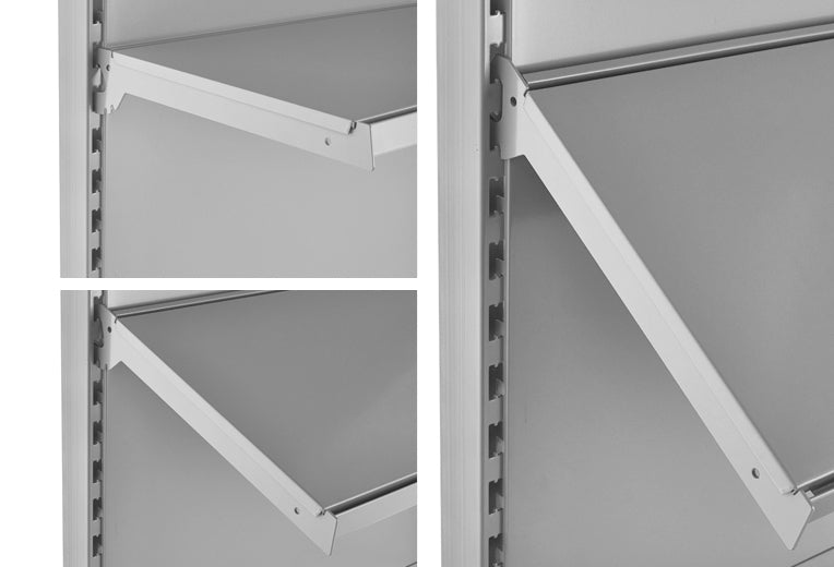 Brackets and shelves can be placed at different angles, depending on the size bracket used