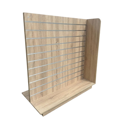 Rustic Oak Slatwall Gondola T' shape with Aluminium Inserts - Aura Range - H1300 x D600mm