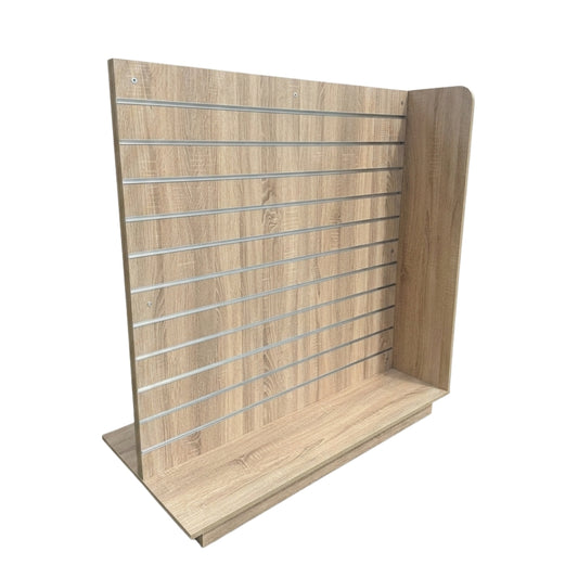 Rustic Oak Slatwall Gondola T' shape with Aluminium Inserts - Aura Range - H1300 x D600mm