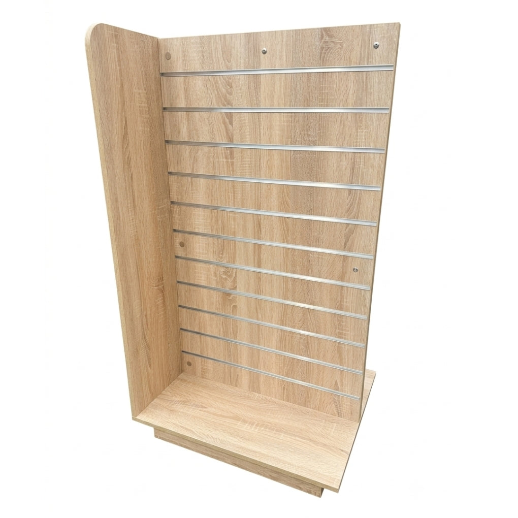 Rustic Oak Slatwall Gondola T' shape with Aluminium Inserts - Aura Range - H1300 x D600mm