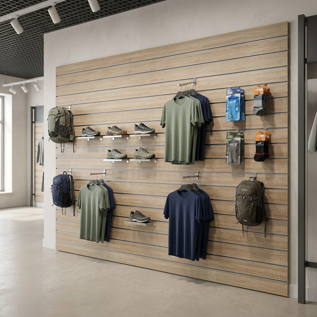 Rustic Oak slatwall lifestyle in a sports and outdoor retail shop