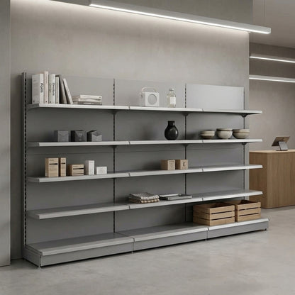 Silver Retail Wall Shelving - 3 Bays With 470mm Base Shelf