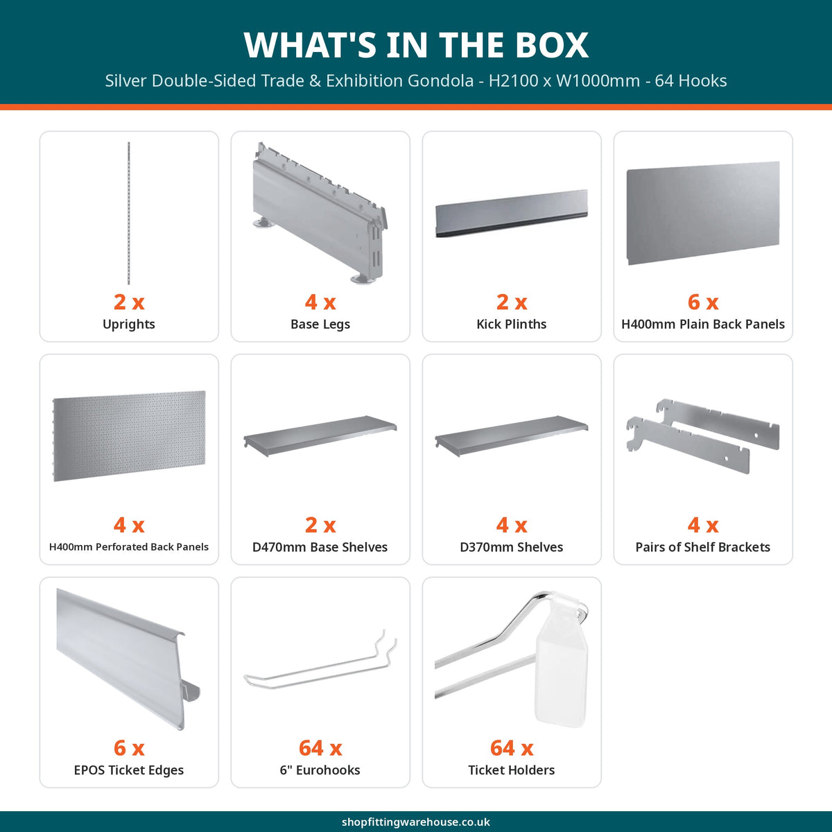 Silver Double-Sided Trade & Exhibition Gondola - H2100 x W1000mm - 64 Hooks