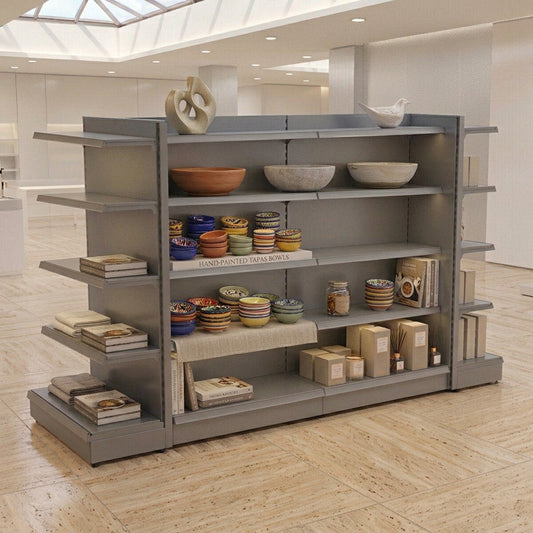 Silver Retail Gondola Shelving - H1800mm - 2 Bays & 2 End Bays - 24 Shelves