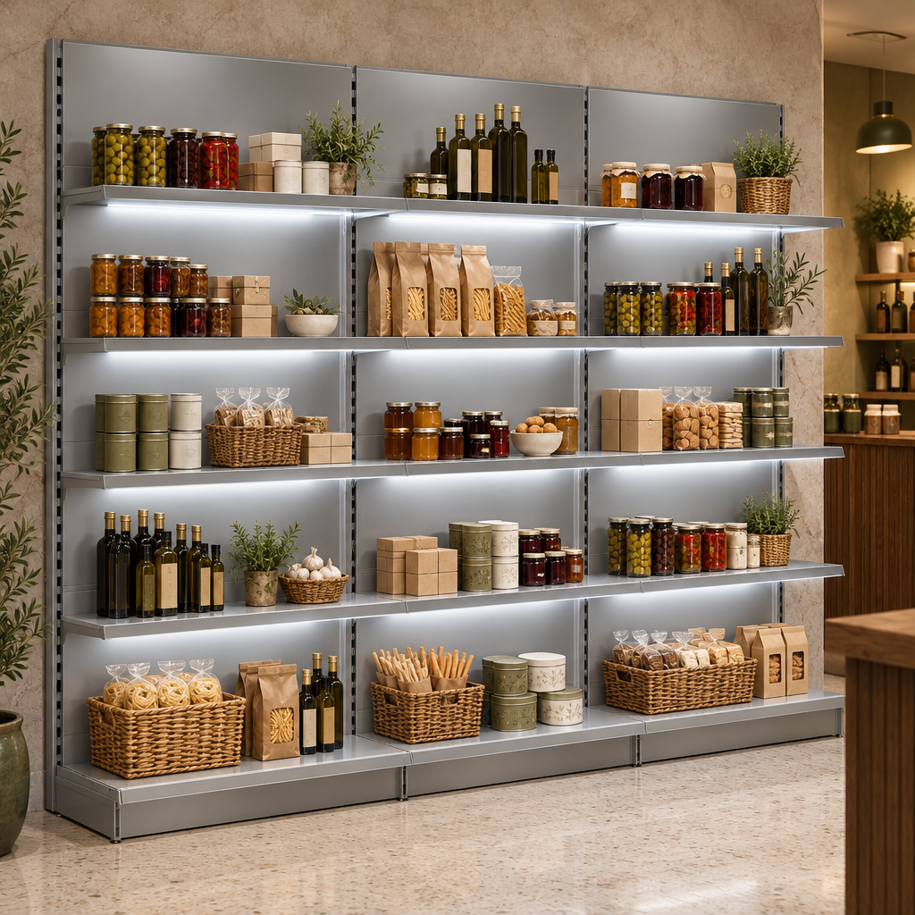 Silver LED-lit shelving in a modern speciality food shop