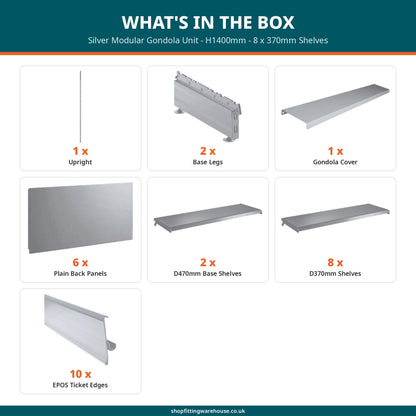Silver Modular Gondola Unit - H1400mm - 8 x 370mm Shelves