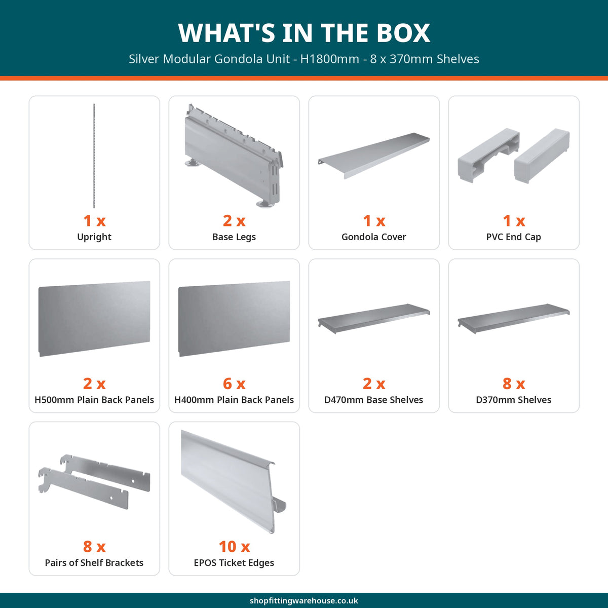 Silver Modular Gondola Unit - H1800mm - 8 x 370mm Shelves