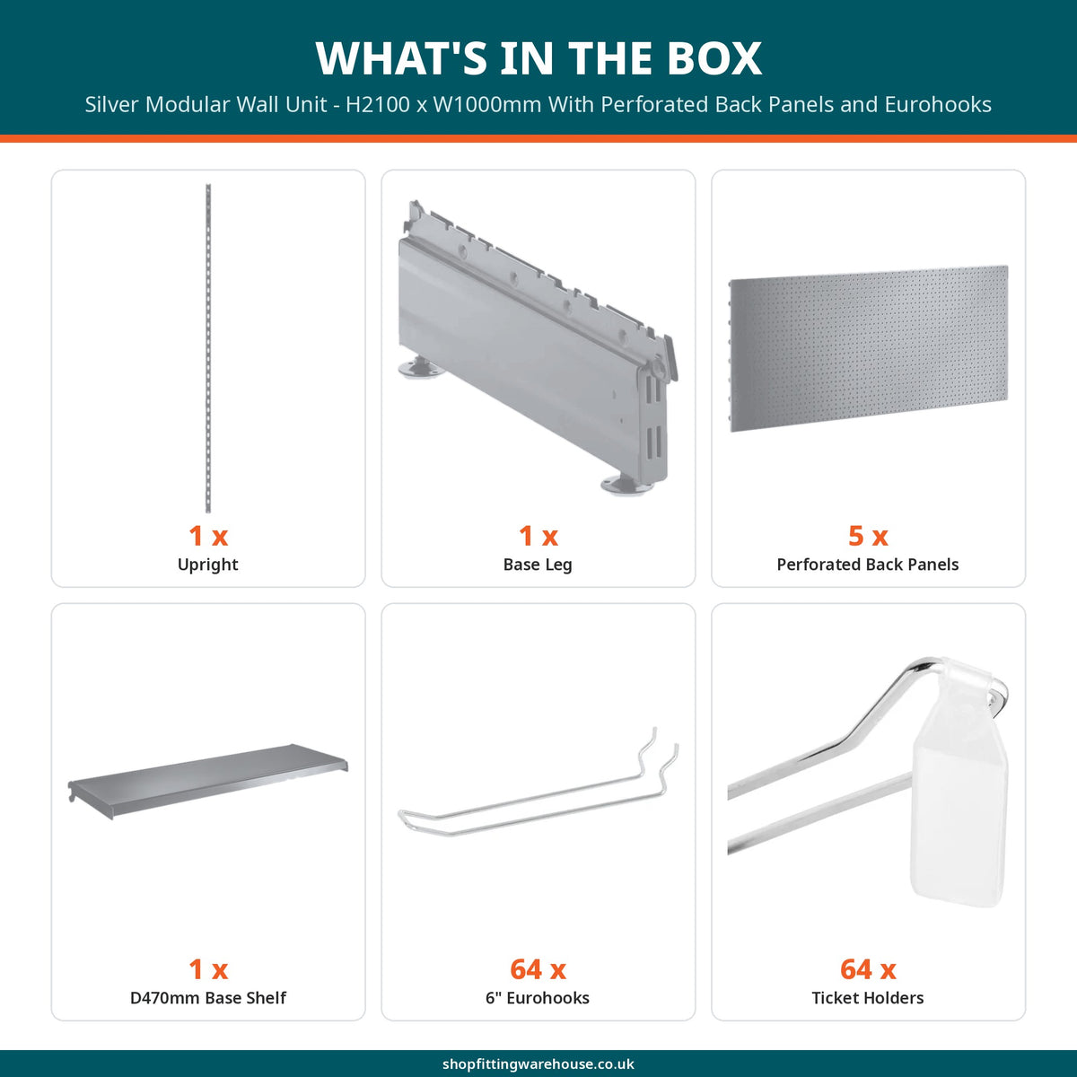 Silver Modular Wall Unit - H2100 x W1000mm With Perforated Back Panels and Eurohooks