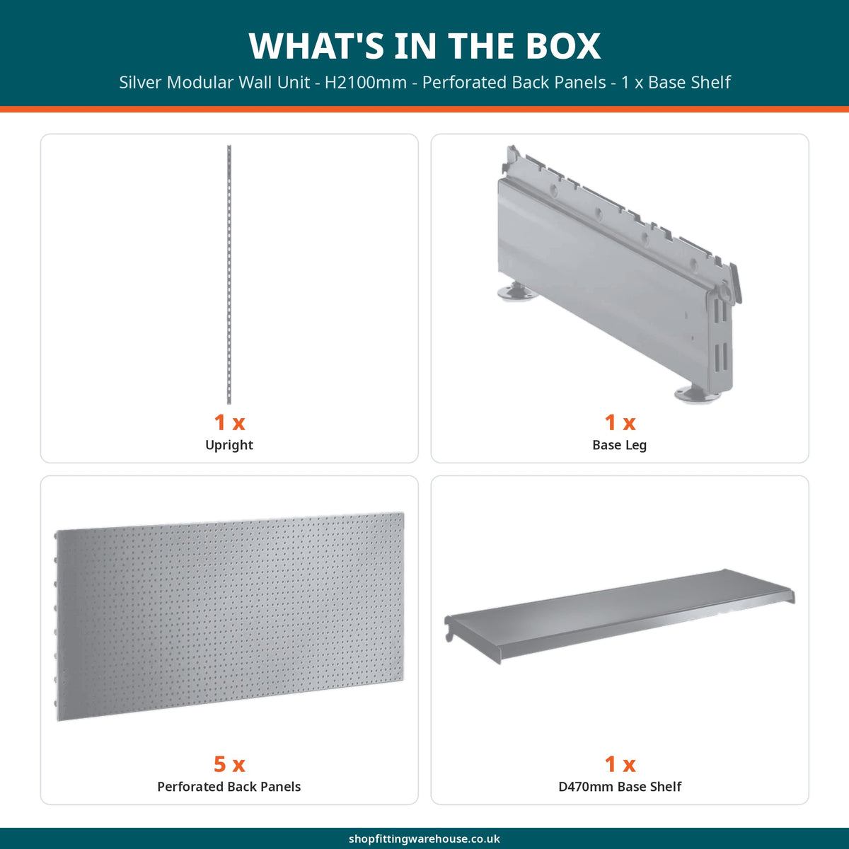 Silver Modular Wall Unit - H2100mm - Perforated Back Panels - 1 x Base Shelf