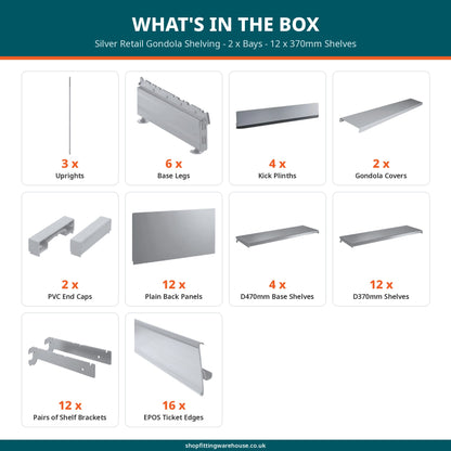Silver Retail Gondola Shelving - 2 x Bays - 12 x 370mm Shelves