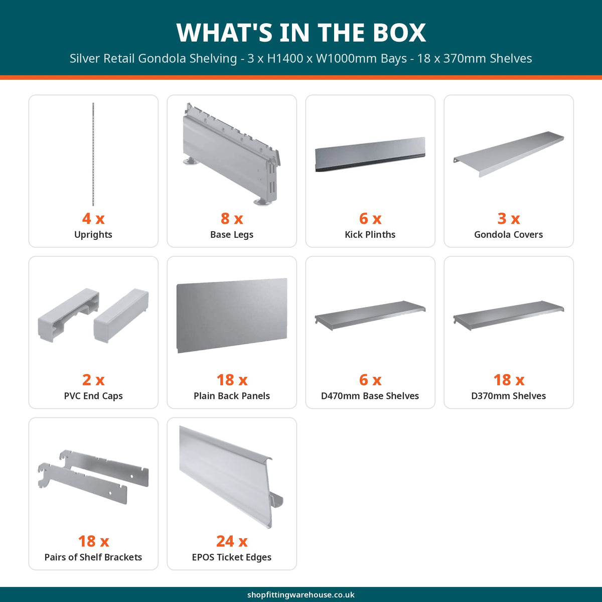 Silver Retail Gondola Shelving - 3 x H1400 x W1000mm Bays - 18 x 370mm Shelves