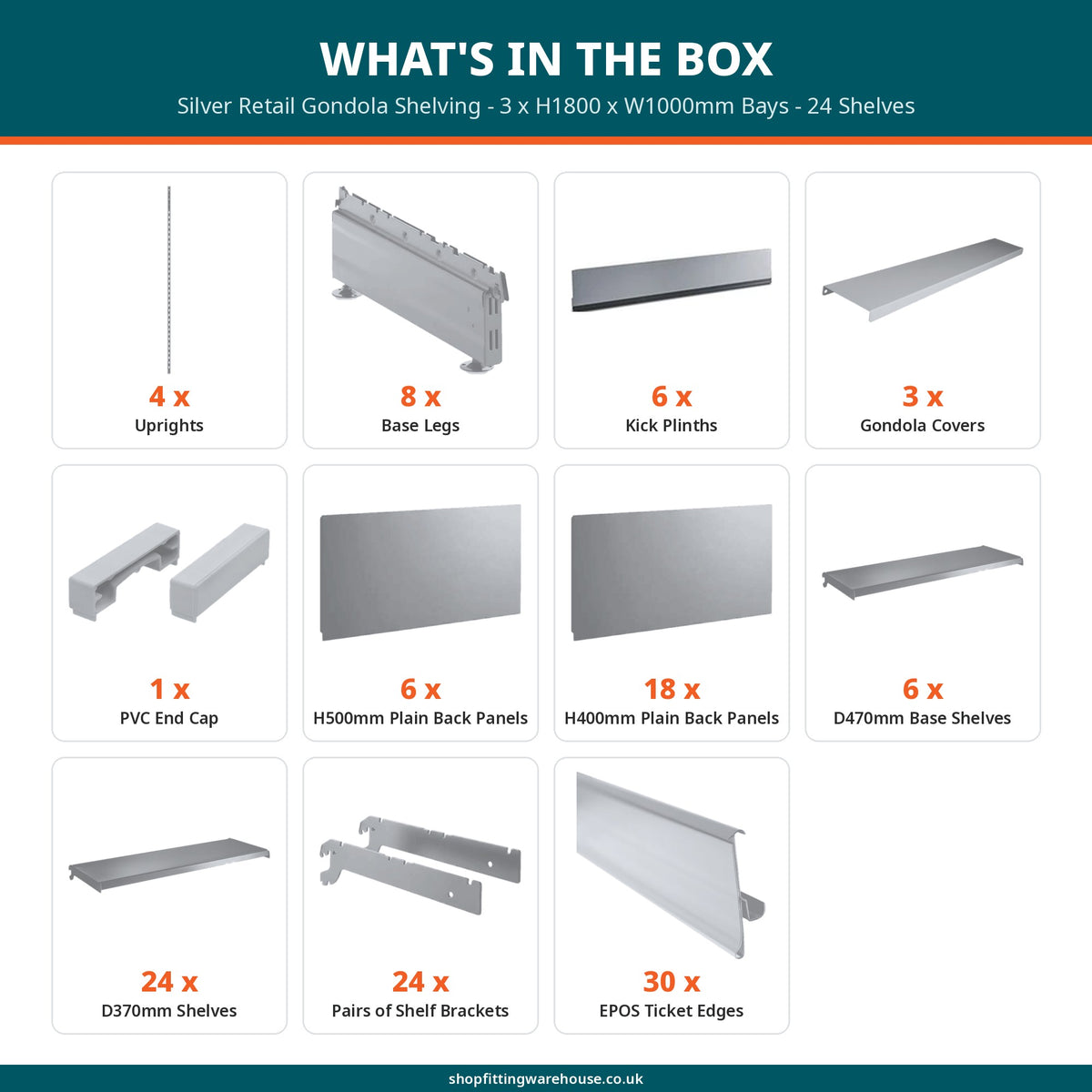Silver Retail Gondola Shelving - 3 x H1800 x W1000mm Bays - 24 Shelves