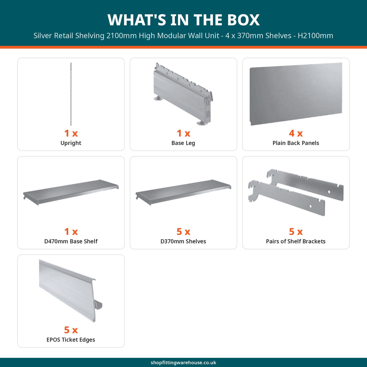 Silver Retail Shelving 2100mm High Modular Wall Unit - 4 x 370mm Shelves - H2100mm