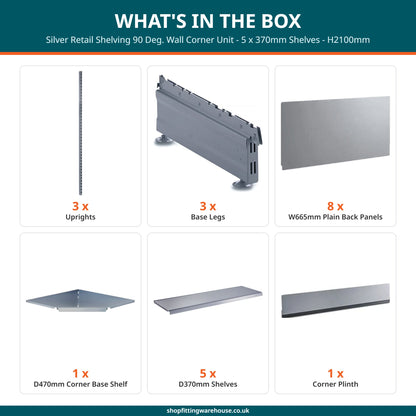 Silver Retail Shelving 90 Deg. Wall Corner Unit - 5 x 370mm Shelves - H2100mm