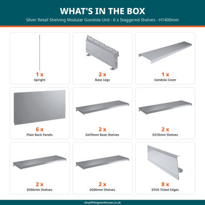 Silver Retail Shelving Modular Gondola Unit - 6 x Staggered Shelves - H1400mm
