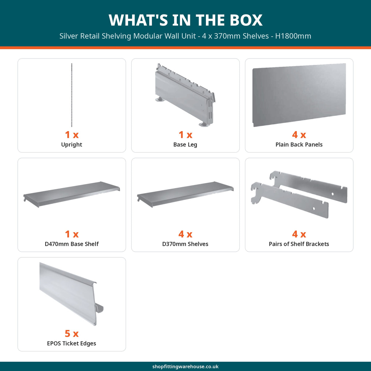 Silver Retail Shelving Modular Wall Unit - 4 x 370mm Shelves - H1800mm