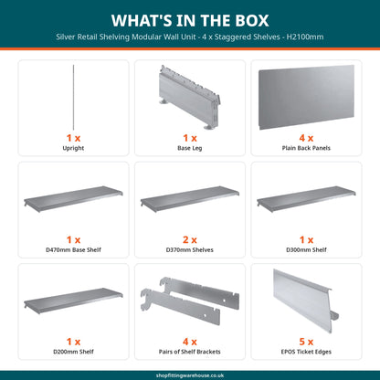 Silver Retail Shelving Modular Wall Unit - 4 x Staggered Shelves - H2100mm