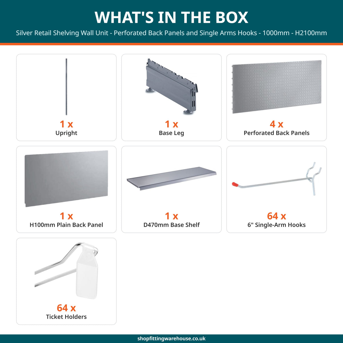 Silver Retail Shelving Wall Unit - Perforated Back Panels and Single Arms Hooks - 1000mm - H2100mm