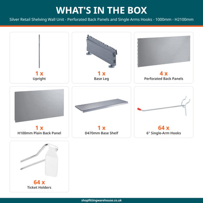 Silver Retail Shelving Wall Unit - Perforated Back Panels and Single Arms Hooks - 1000mm - H2100mm