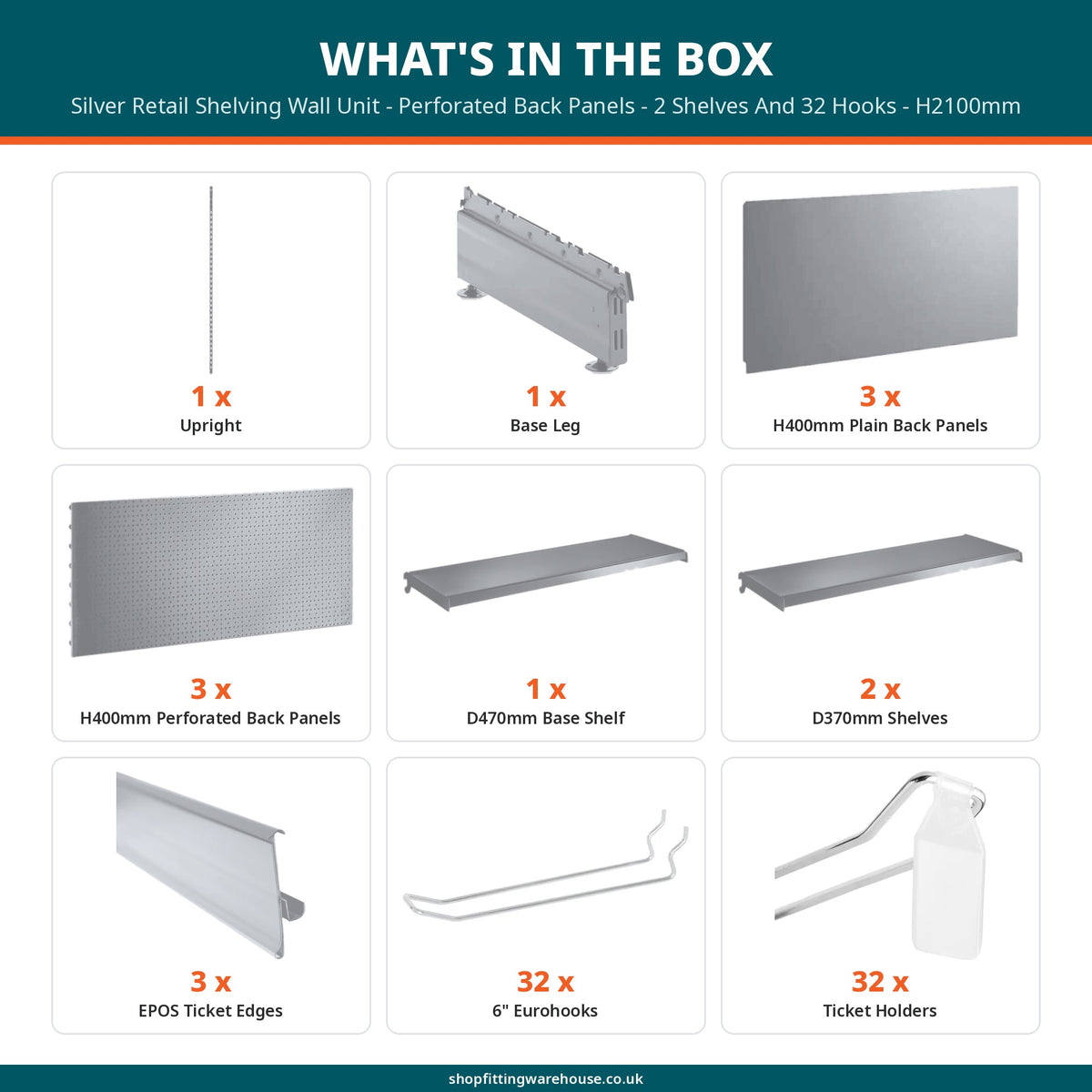 Silver Retail Shelving Wall Unit - Perforated Back Panels - 2 Shelves And 32 Hooks - H2100mm
