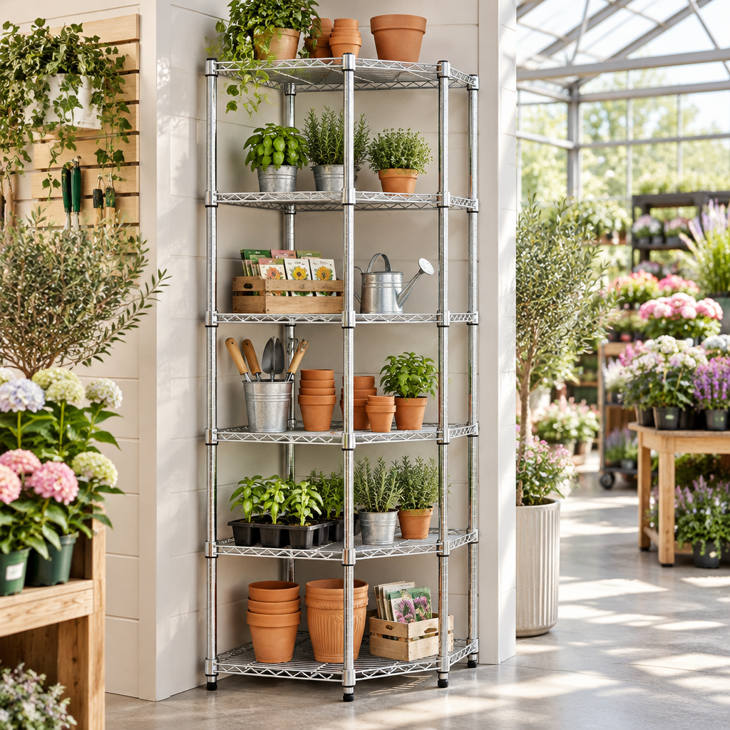 Six-tier chrome corner shelving in a garden centre setting